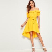 Romwe Ruffle Trim Asymmetric Hem Belted Dress
