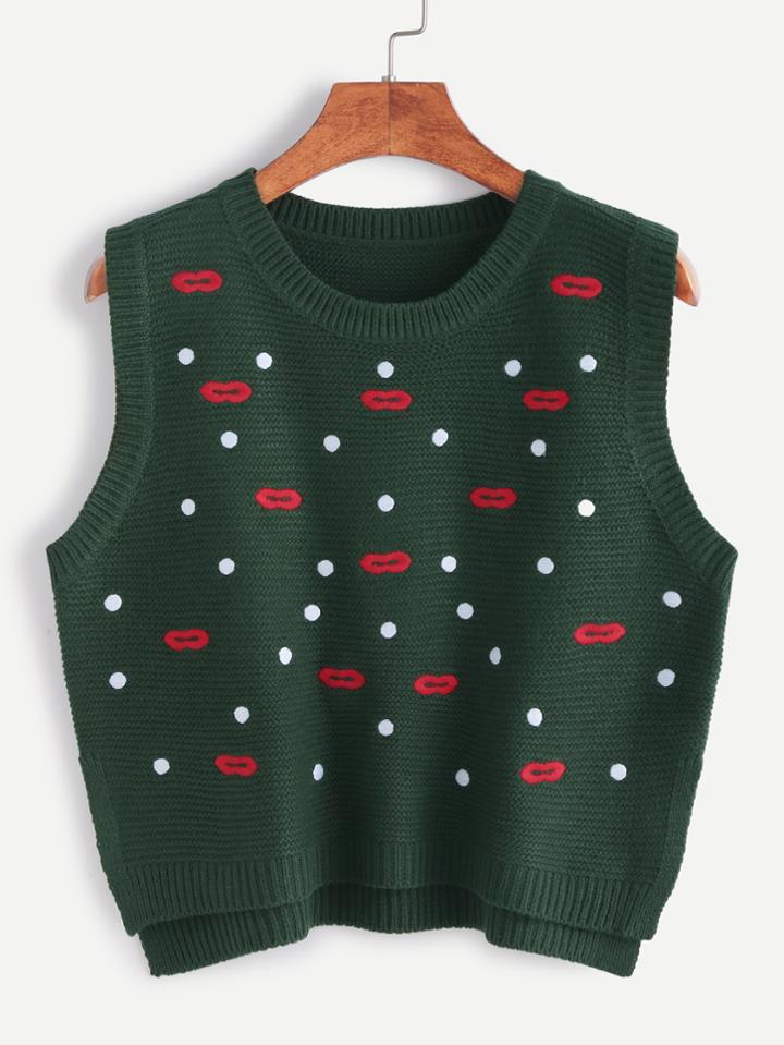 Romwe Army Green Embroidered Slit Side Sweater Vest