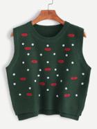 Romwe Army Green Embroidered Slit Side Sweater Vest