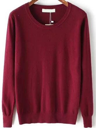 Romwe Round Neck Long Sleeve Burgundy Sweater