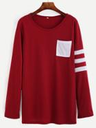 Romwe Burgundy Asymmetric Striped Sleeve T-shirt