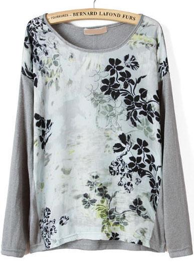 Romwe Floral Print Grey Sweater