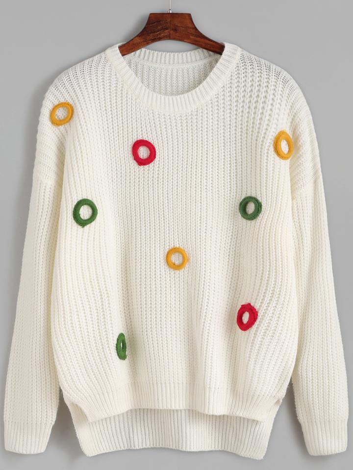 Romwe Beige Dip Hem Ring Embellished Sweater