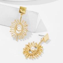 Romwe Faux Pearl Engraved Sun Drop Earrings 1pair