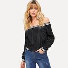 Romwe Striped Trim Off The Shoulder Jacket