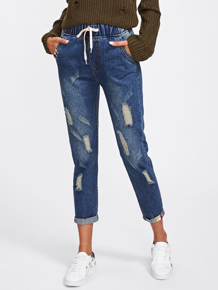 Romwe Destructed Tape Detail Cuffed Jeans