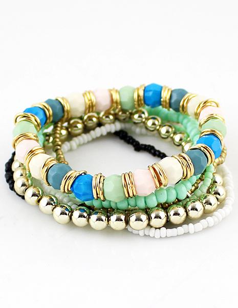 Romwe Green Bead Multilayers Bracelet