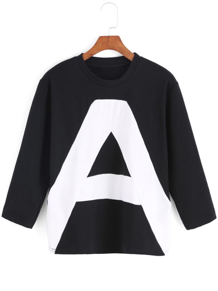 Romwe Dip Hem Letter Print Black T-shirt