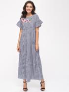 Romwe Embroidered Flower Patch Frilled Sleeve Tiered Checkered Dress