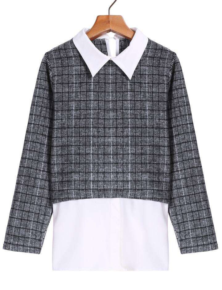 Romwe Check Print Lapel Grey Blouse