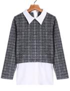 Romwe Check Print Lapel Grey Blouse