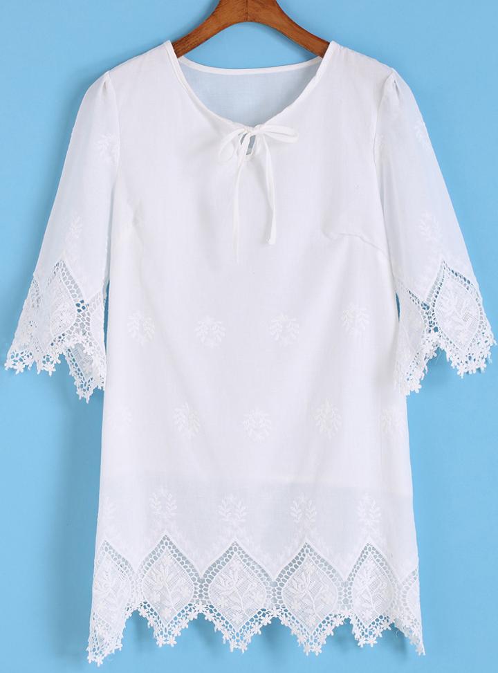 Romwe Lace Up Embroidered White Top