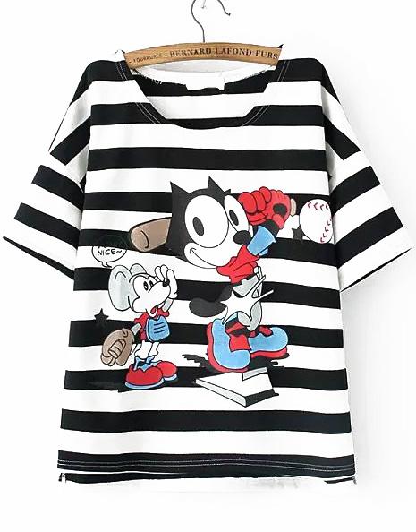 Romwe Mouse Baseball Print Striped Black T-shirt