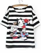 Romwe Mouse Baseball Print Striped Black T-shirt