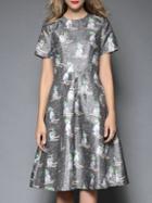 Romwe Grey Round Neck Short Sleeve Rabbit Print Dress