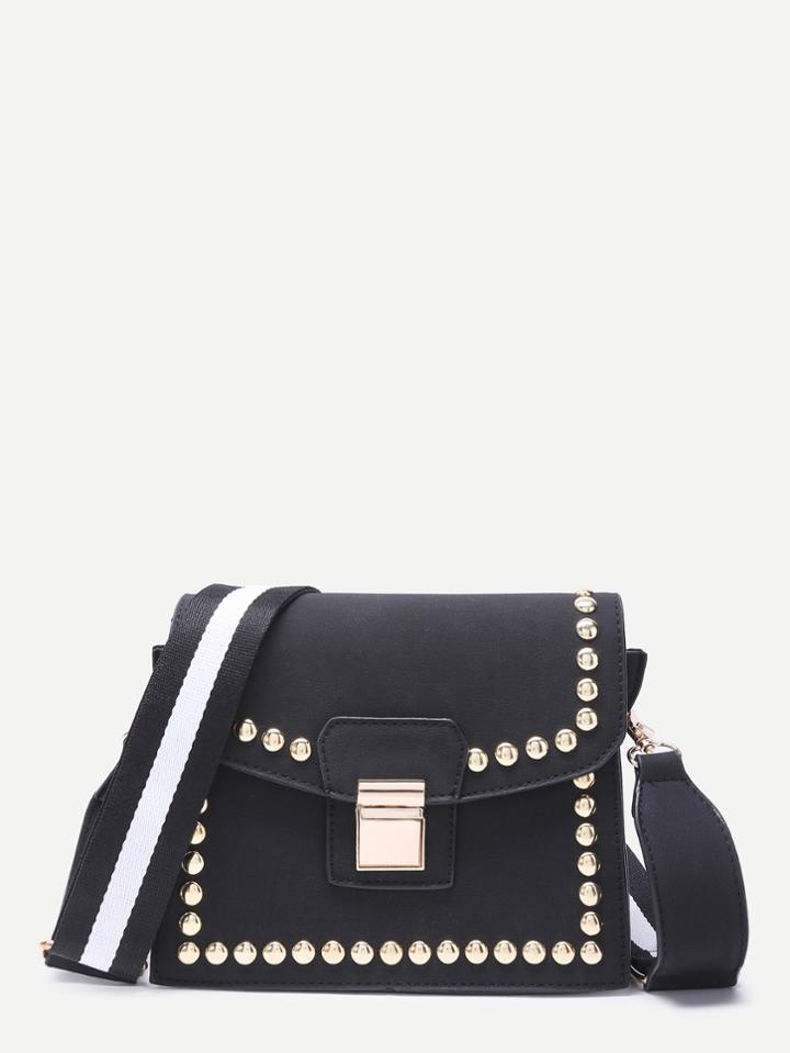 Romwe Black Stylish Studded Trim Flap Leather Shoulder Bag