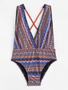 Romwe Geometric Pattern Open Back Swimsuit