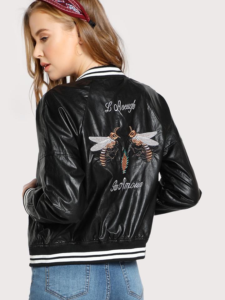 Romwe Bee Embroidery Striped Trim Pu Bomber Jacket