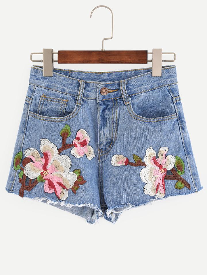 Romwe Blue Flower Embroidered Denim Shorts