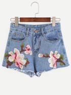 Romwe Blue Flower Embroidered Denim Shorts