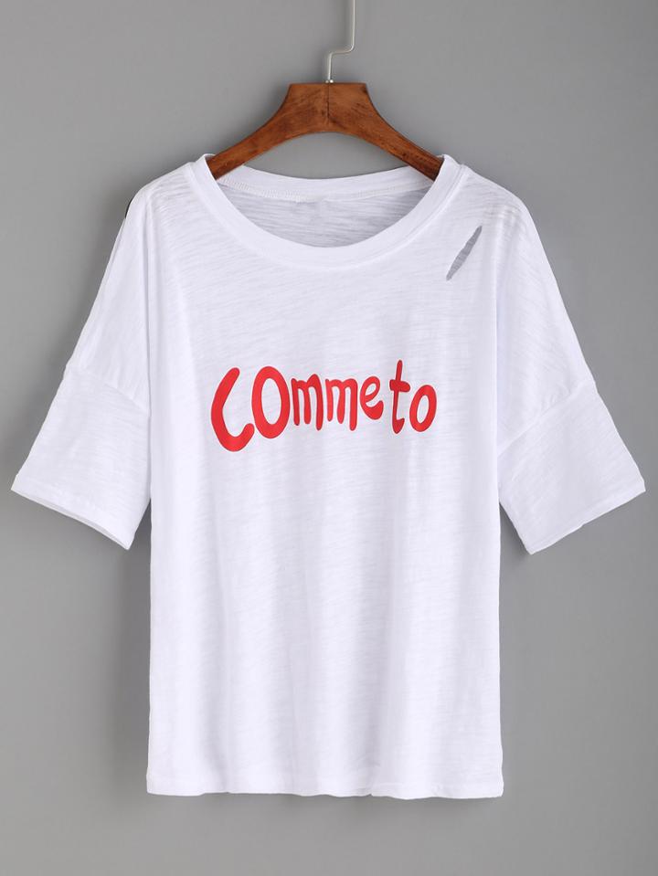 Romwe White Letter Print Split Sleeve T-shirt