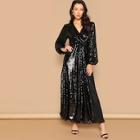 Romwe Surplice Wrap Prom Maxi Sequin Dress
