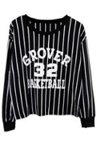 Romwe Striped 32 & Letters Print Black T-shirt