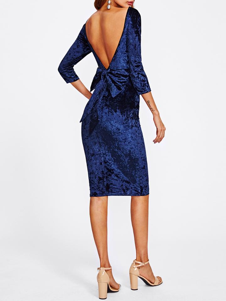 Romwe Bow Deep V Back Crushed Velvet Dress