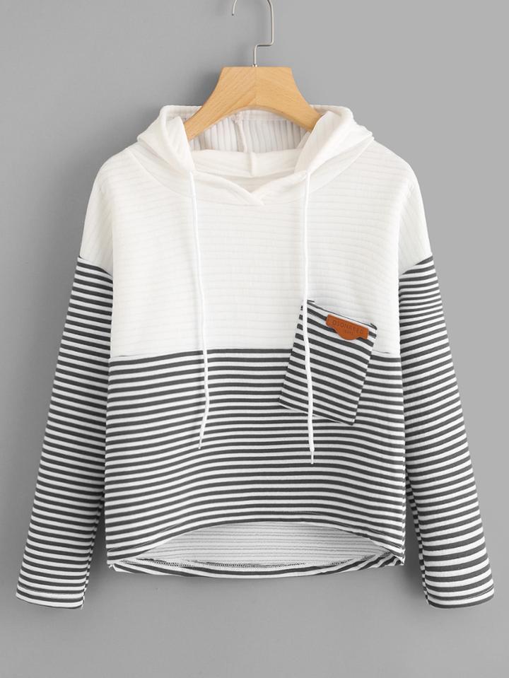 Romwe Color Block Striped Pocket Hoodie