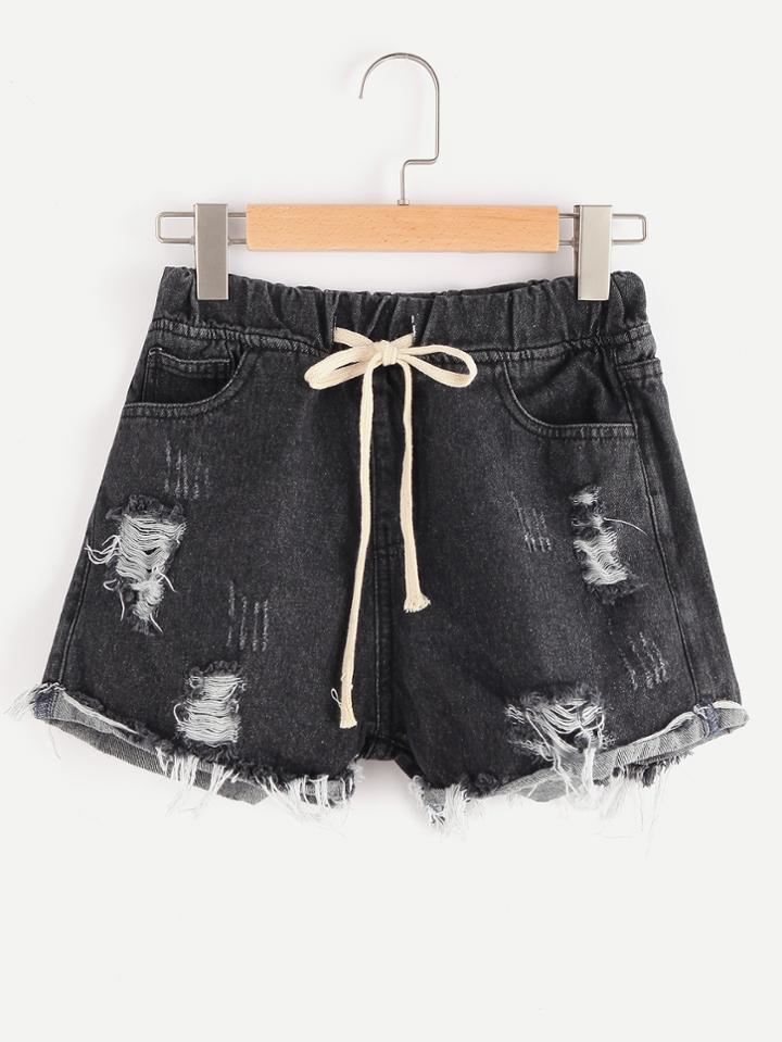 Romwe Destroyed Fray Hem Drawstring Waist Denim Shorts