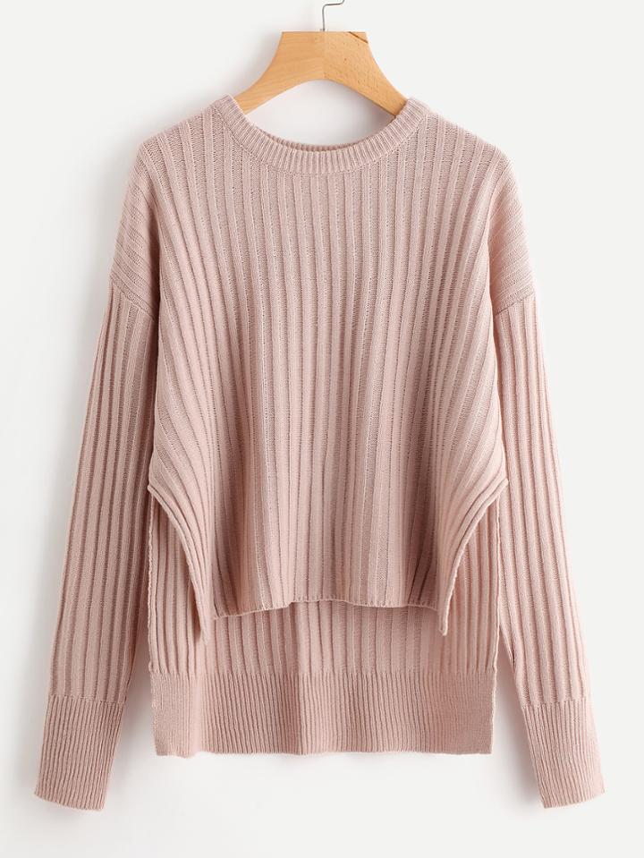 Romwe Rib Knit Staggered Hem Sweater