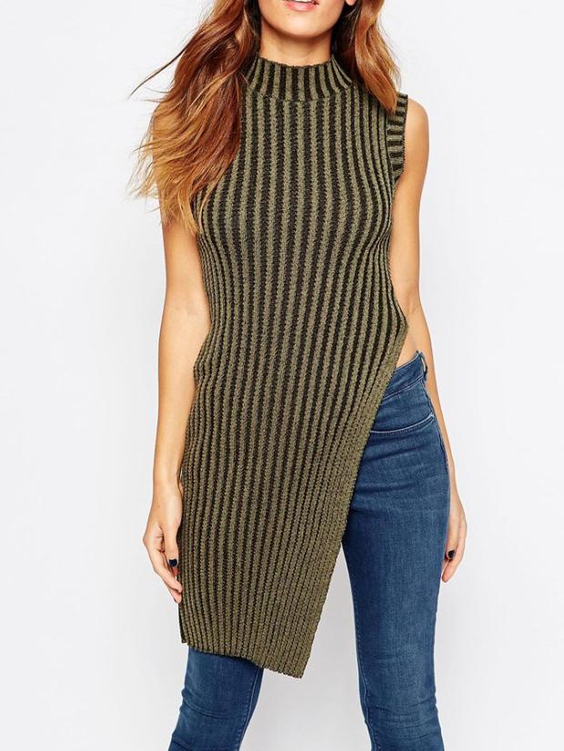 Romwe Mock Neck Vertical Striped Slit Dark Green Sweater Vest