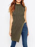 Romwe Mock Neck Vertical Striped Slit Dark Green Sweater Vest