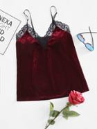 Romwe Velvet Contrast Floral Lace Trim Cami Top