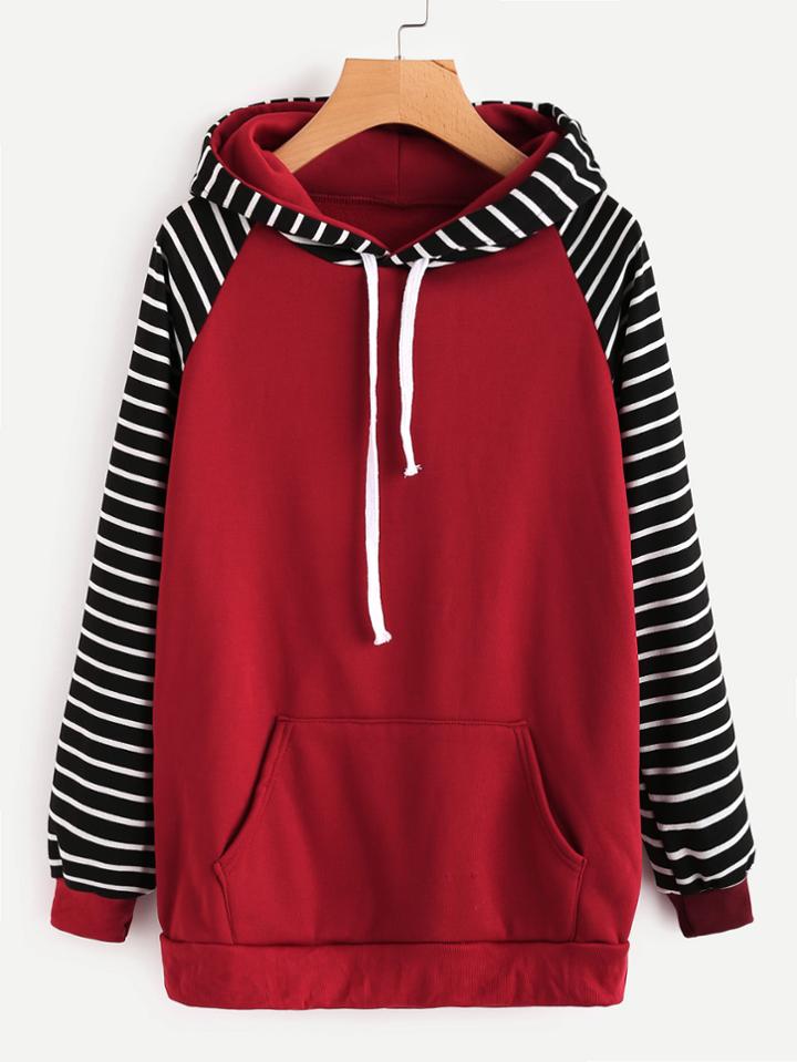 Romwe Kangaroo Pocket Raglan Sleeve Striped Hoodie