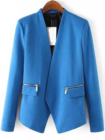 Romwe Open-front Zipper Pockets Blue Blazer