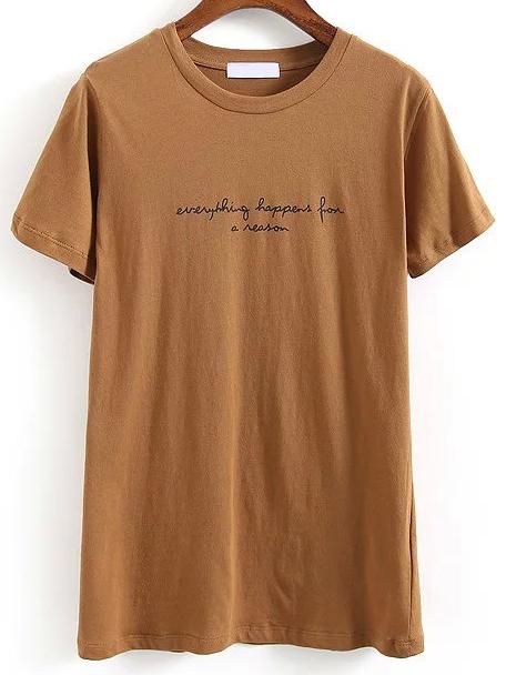 Romwe Letters Print Khaki T-shirt