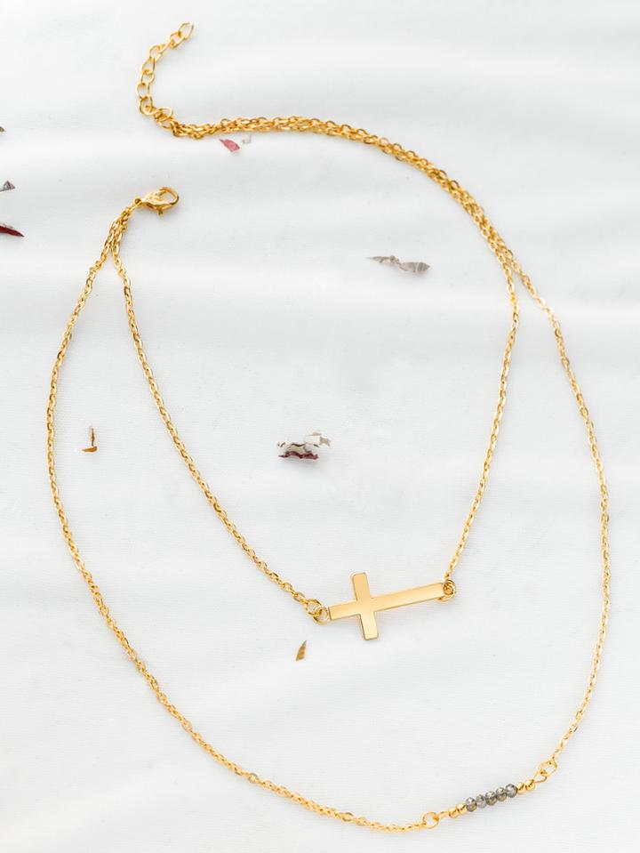 Romwe Gold Beaded Cross Pendant Layered Necklace