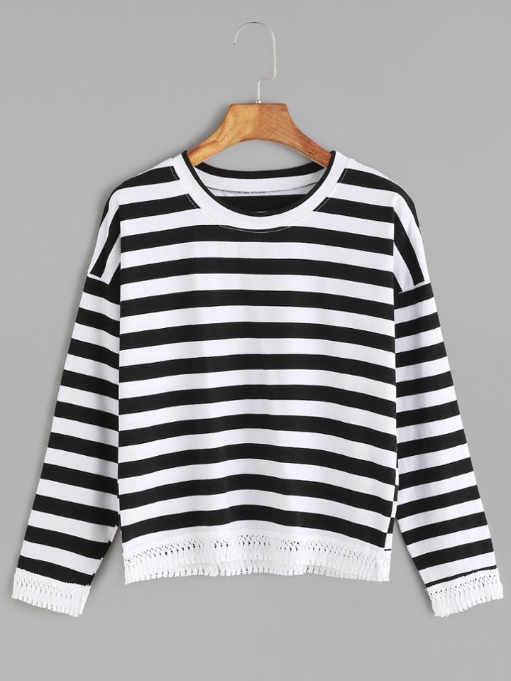 Romwe Contrast Lace Drop Shoulder Striped T-shirt