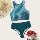 Romwe Criss-cross Tie Back Top With High Waist Bikini