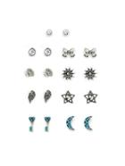 Romwe Bow & Leaf & Moon Design Stud Earring Set