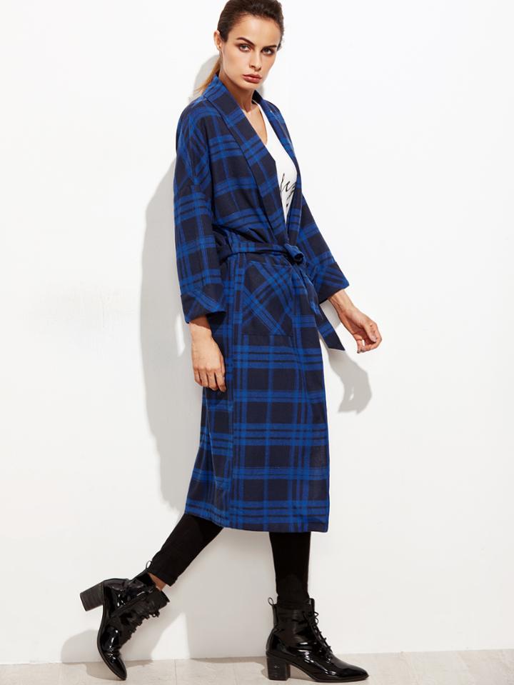 Romwe Blue Plaid Shawl Collar Pocket Front Wrap Coat