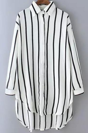 Romwe Lapel Dip Hem Vertical Striped White Blouse