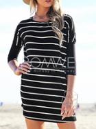 Romwe Black Crew Neck Striped Dress