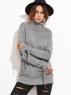 Romwe Grey Marled Knit Turtleneck Tied Cuff Sweater