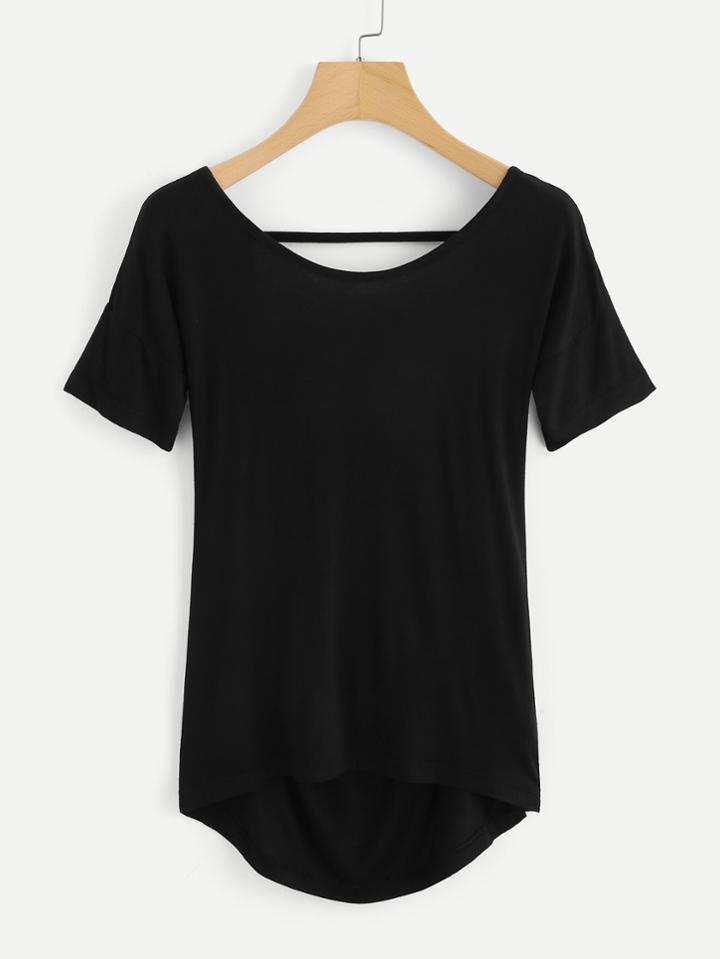 Romwe Cut Out Back Curved Hem Tee