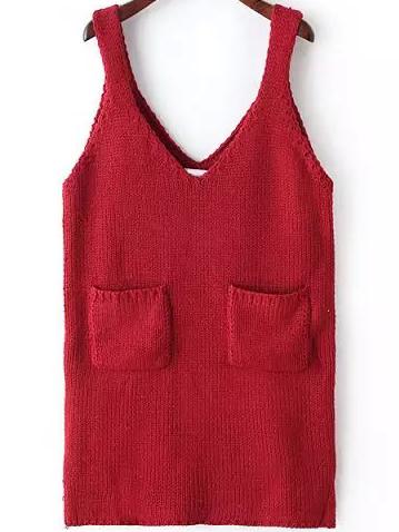 Romwe V Neck Pockets  Wine Red Sweater Dress