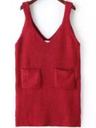 Romwe V Neck Pockets  Wine Red Sweater Dress