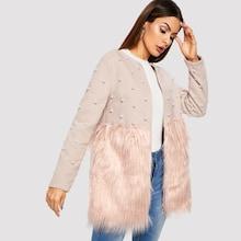 Romwe Pearl Embellished Faux Fur Coat