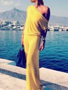 Romwe Oblique Shoulder Maxi Beach Yellow Dress